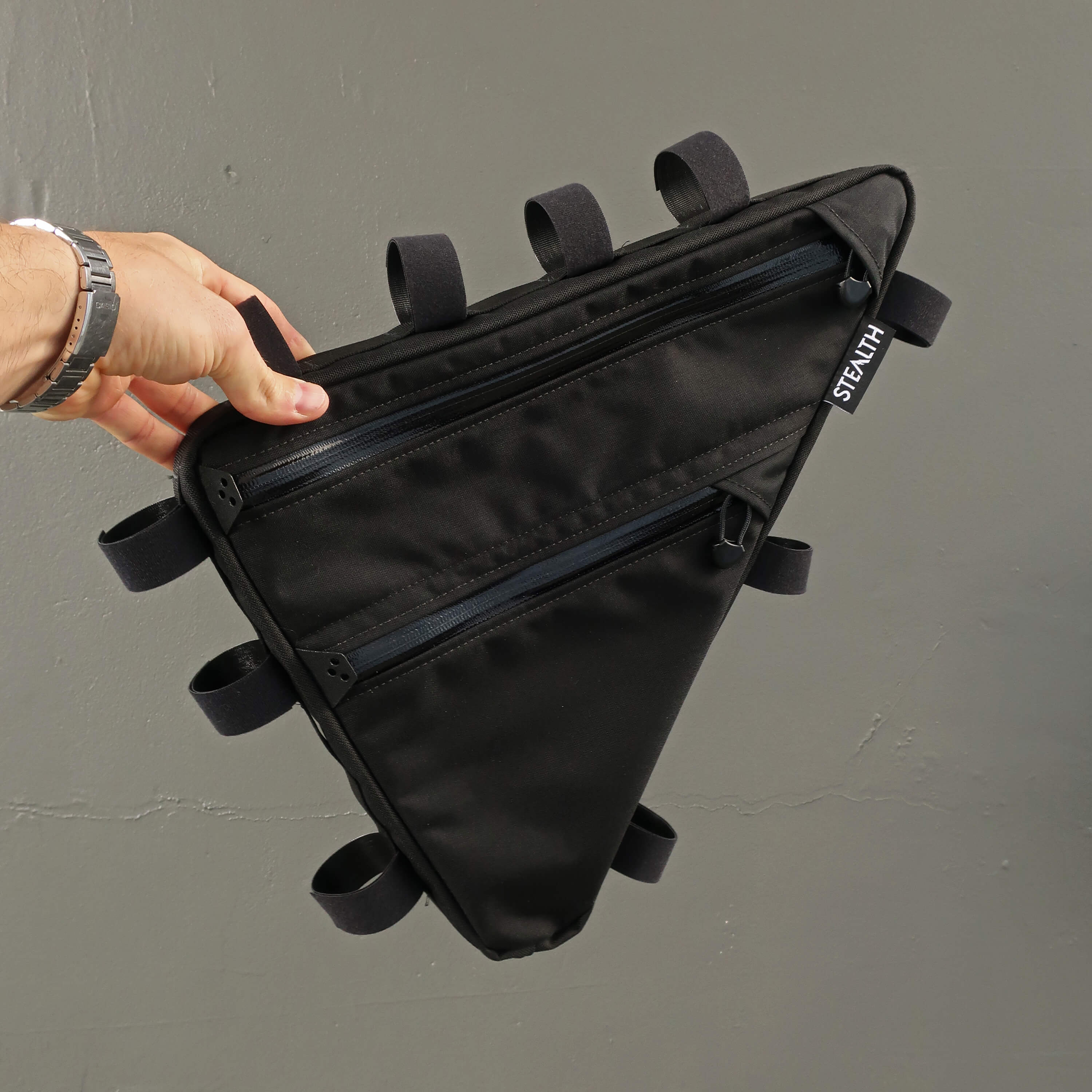 Custom double zip black frame bag