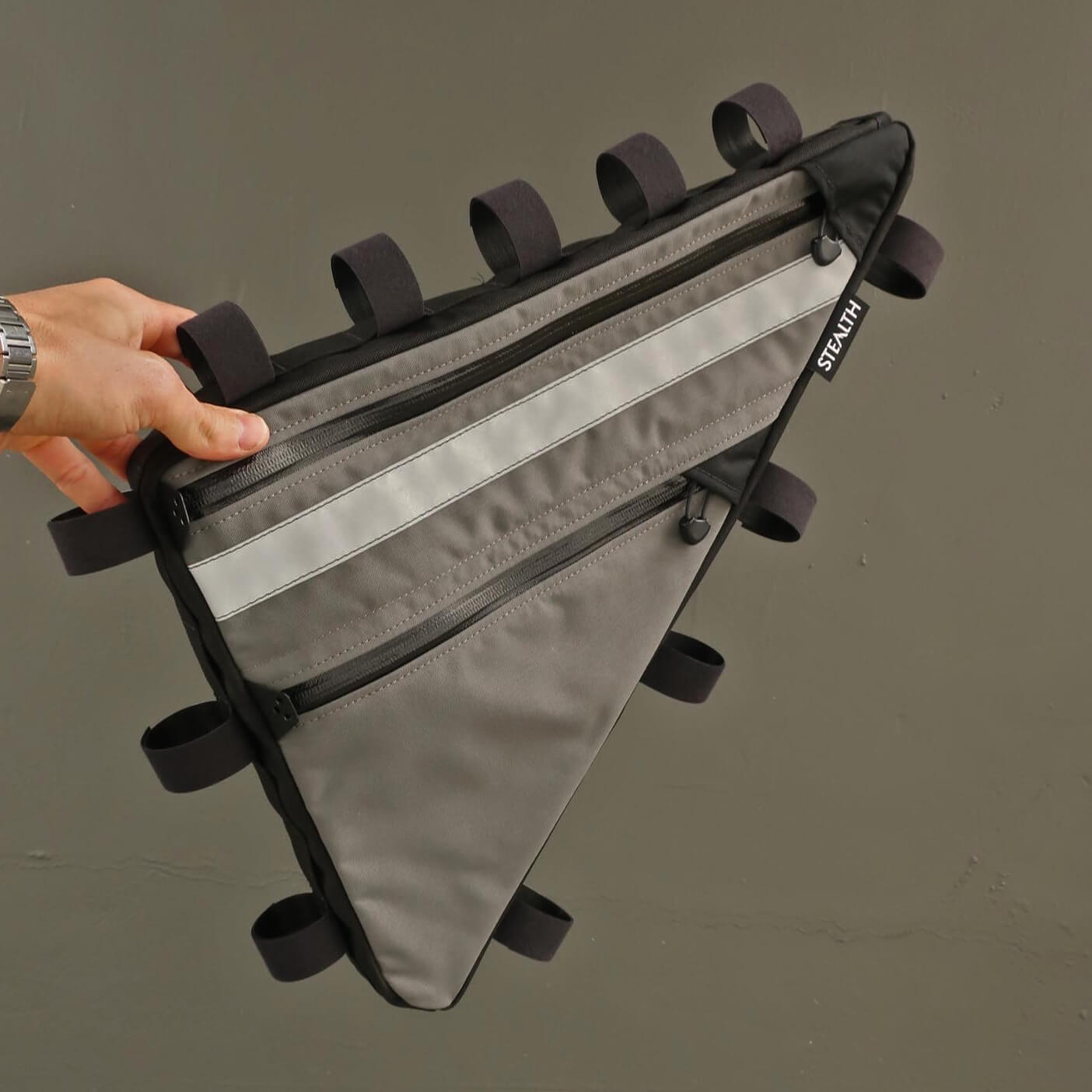 Grey cordura frame bag for bikepacking