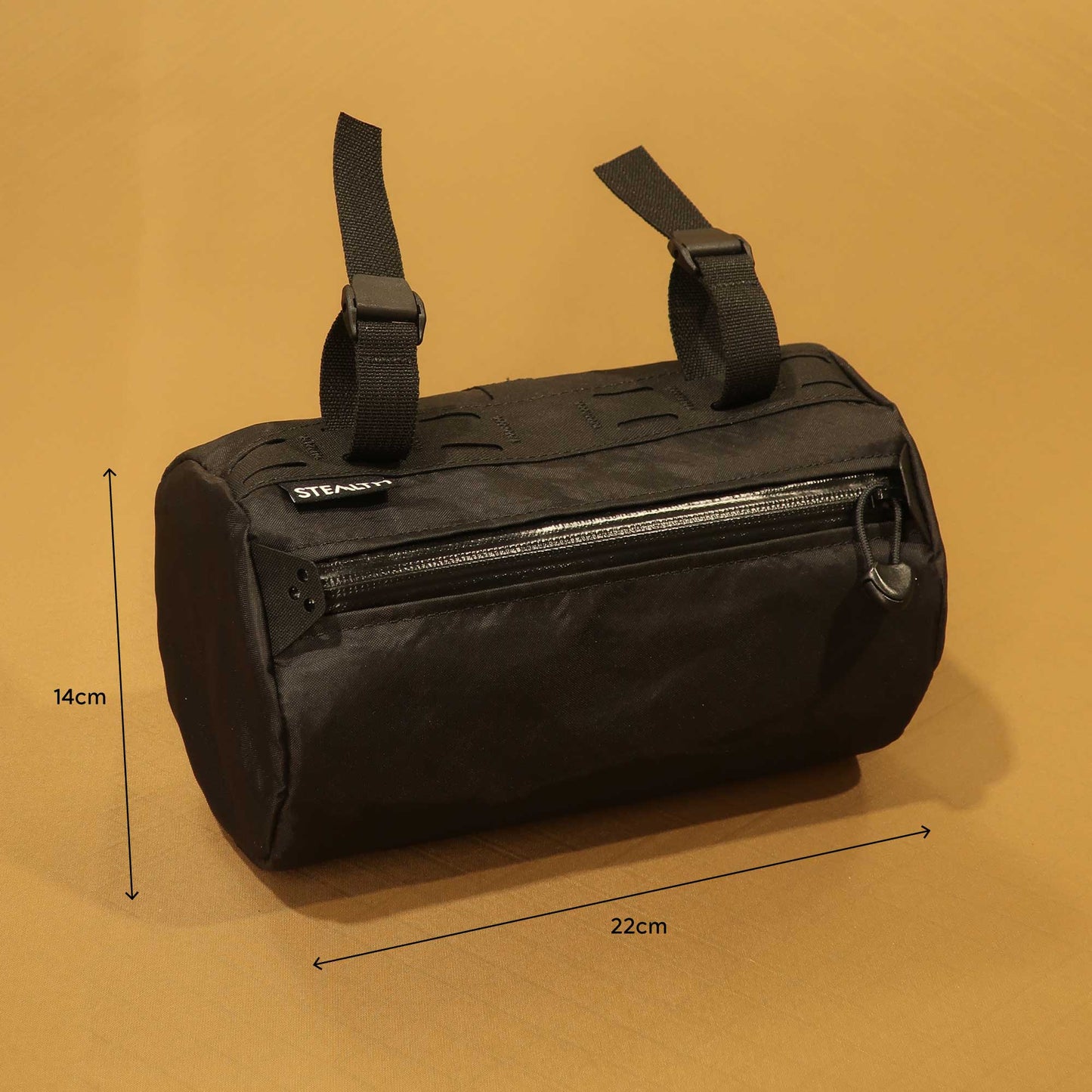 King Kebag handlebar bag dimensions showing 22cm long by 14cm diameter in black made by Stealth Wellington NZ