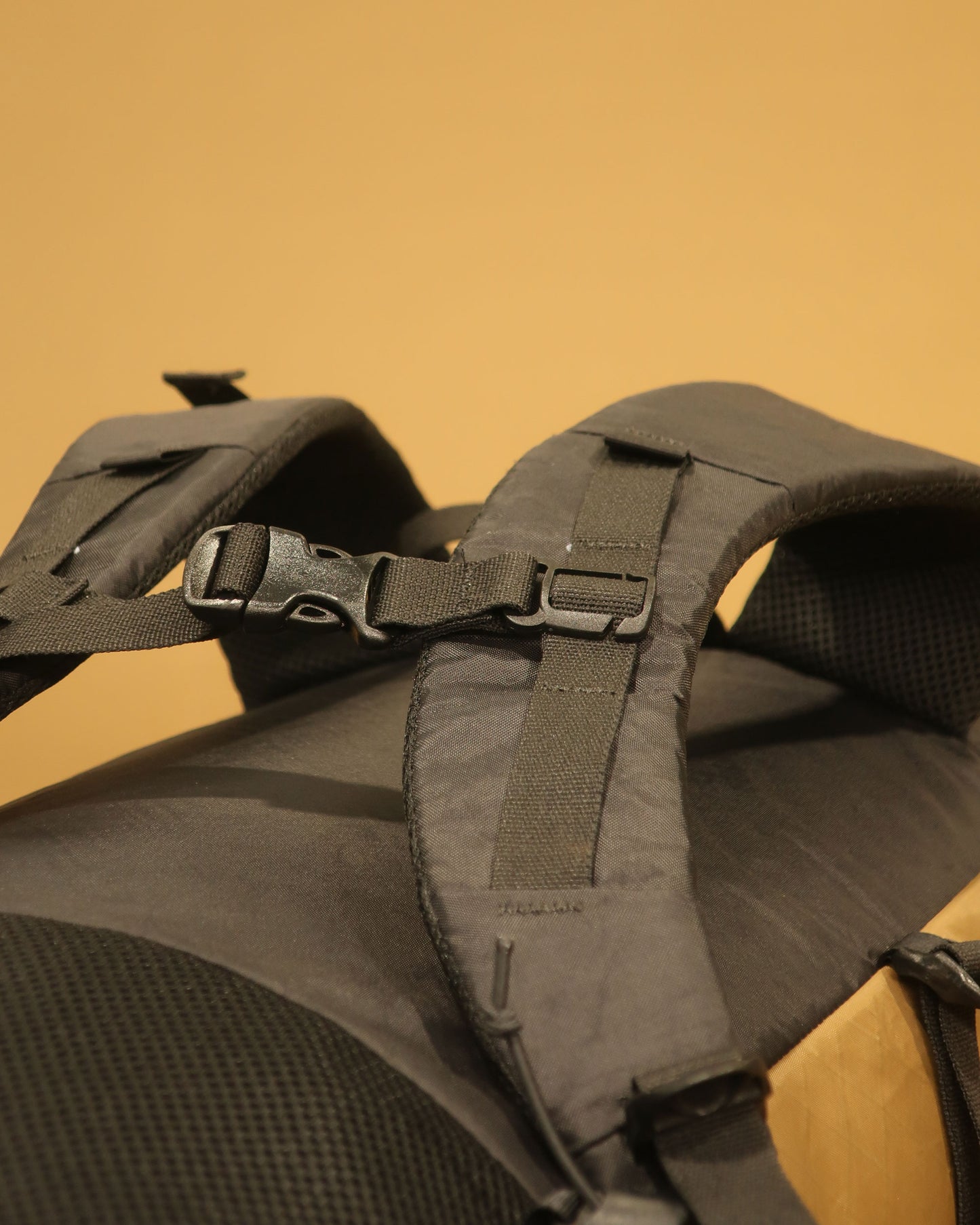 Rata 40 tramping pack removable sternum strap detail showing 20mm webbing and side release buckle, made by Stealth Wellington NZ