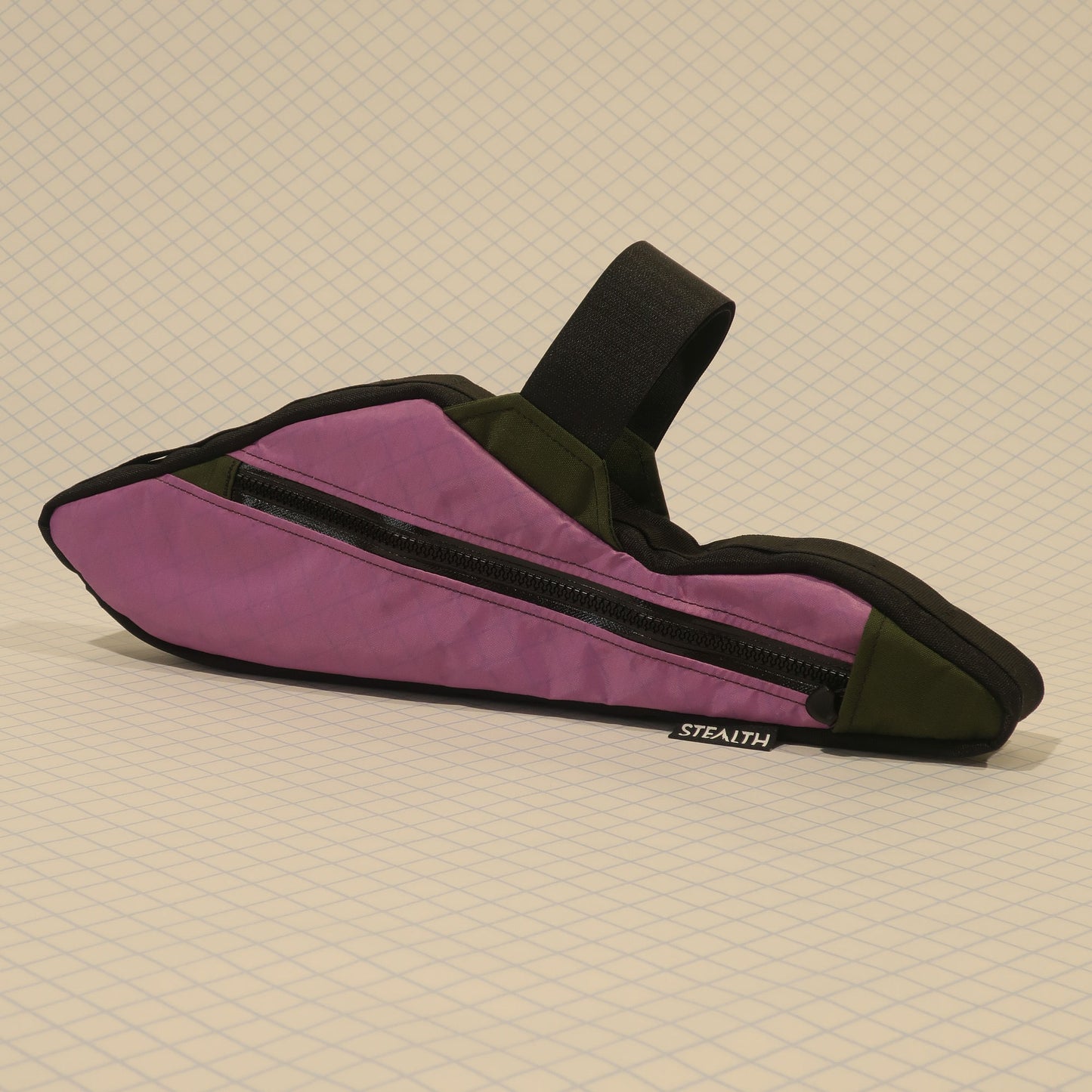 Custom handmade lilac and olive bikepacking frame bag with single zip designed for Specialized Epic Evo Comp mountain bike.