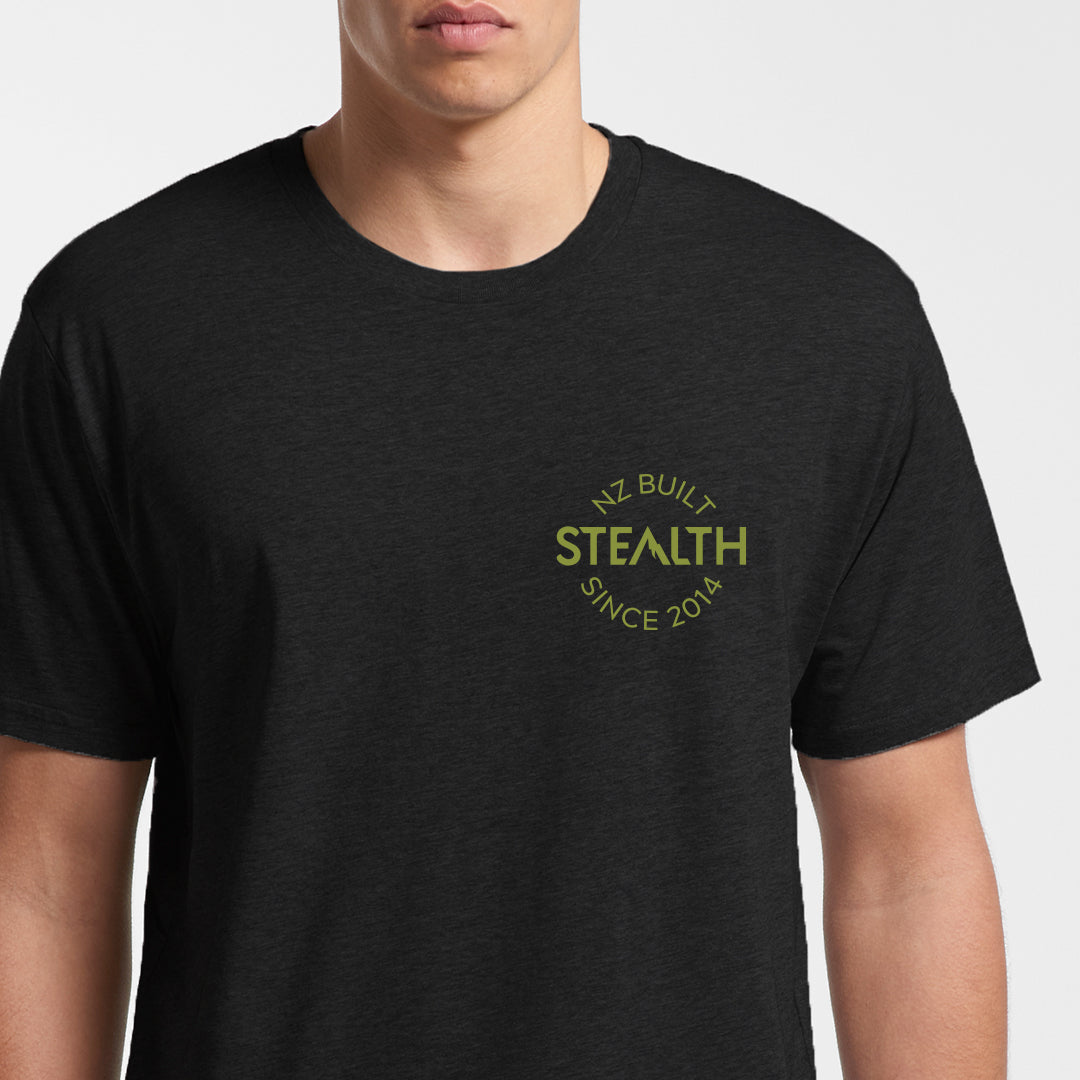 Stealth 10 year tee front on person