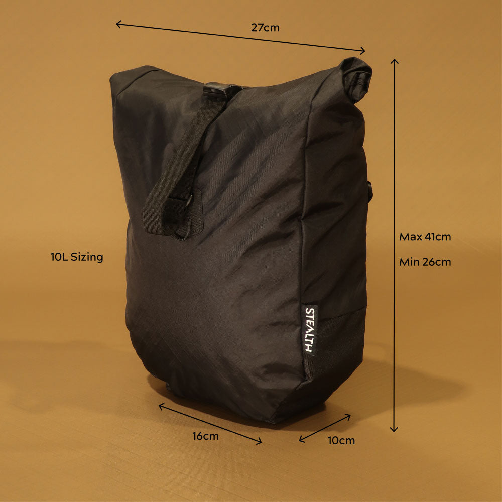 Side and front view of 10L pannier with dimensions: 27cm wide, 16cm wide at base, 10cm side depth, height ranging from 26cm minimum to 41cm maximum