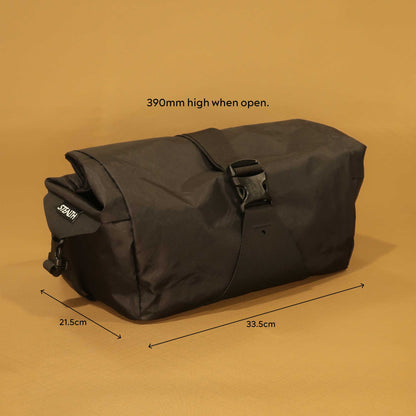 137 Carryall dimensions showing 33.5cm long by 21.5cm wide and 390mm high when open made by Stealth Wellington NZ