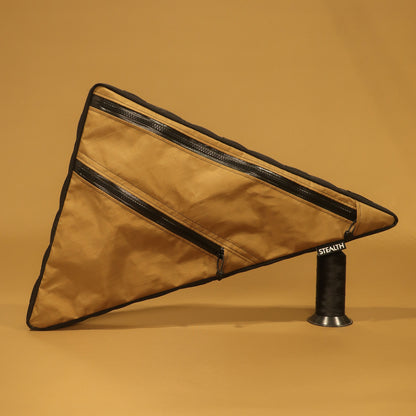 Custom full bolt-on frame bag in coyote EPX200 fabric with double zip compartments, designed for Auren Bikes; handmade bikepacking gear from New Zealand.
