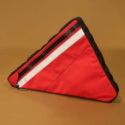 Red custom full frame bike bag with double zips, phone pocket, and velcro attachment, designed for Bossi Grit, handmade in New Zealand.