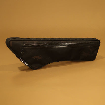 Custom black camo half frame bag with a map and phone pocket for a Cannondale Topstone gravel bike