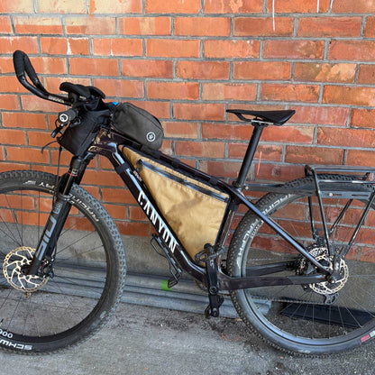 Canyon Exceed custom single zip frame bag in coyote EPX200 for hardtail bikepacking made by Stealth Wellington NZWellington NZ
