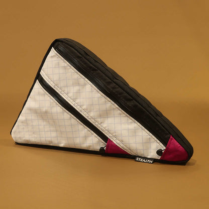 Canyon gravel bike frame bag in white with black and fuchsia accents made by Stealth Wellington NZ