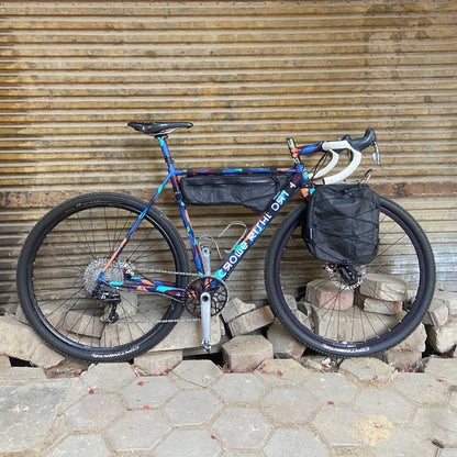 Crowe Rishworth gravel bike half frame bag with front clamshell pannier for bikepacking made by Stealth Wellington NZ