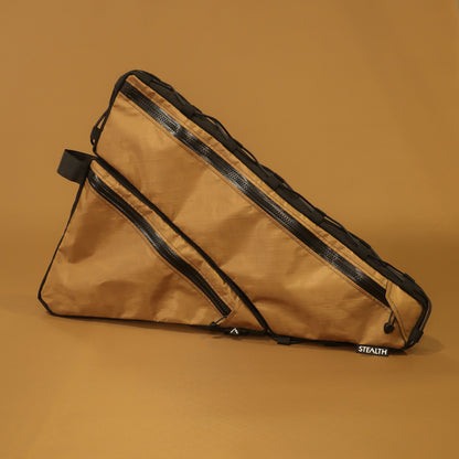 Custom split full frame bag in Coyote, showing both bags together, made for a Curve GMX adventure bike by Stealth Adventure Equipment.