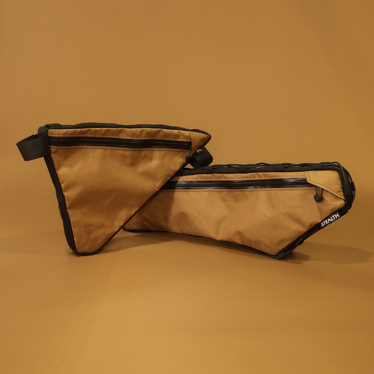Custom split full frame bag with double zips in brown and black, designed for Curve GMX bike, handmade in New Zealand, for bikepacking or cycling use.