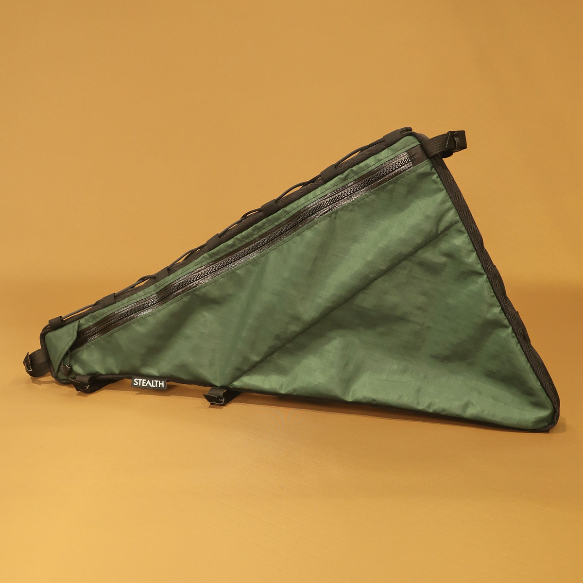 Custom double zip full frame bag in green laminate waterproof fabric, designed for Curve Uprock V2 , handmade in New Zealand by Stealth.