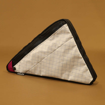 Custom Canyon gravel bike frame bag in white showing slim map and phone pocket made by Stealth Wellington NZ