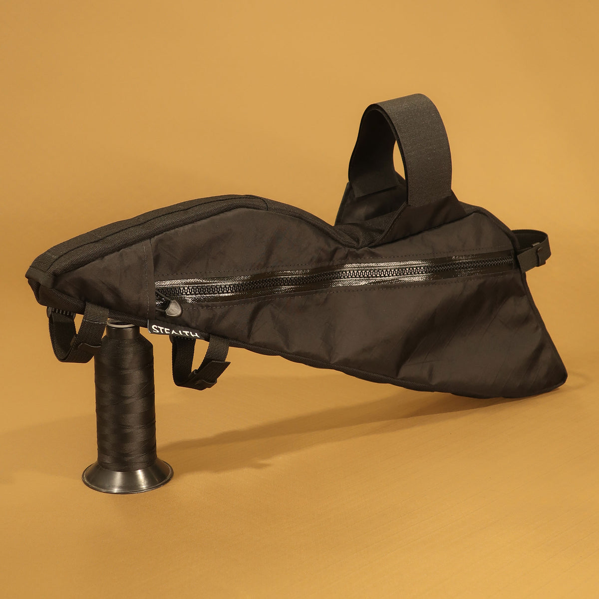 Black custom double zip full-suspension bike frame bag designed for Specialized Chisel XL with map and phone pockets.