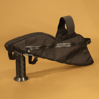 Black custom double zip full-suspension bike frame bag designed for Specialized Chisel XL with map and phone pockets.