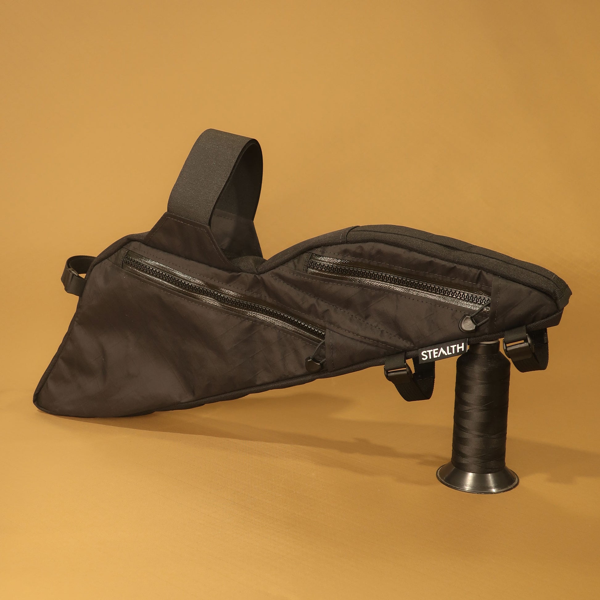 Black custom bolt-on full frame bag with double zip compartments designed for Specialized Chisel XL full suspension bike.