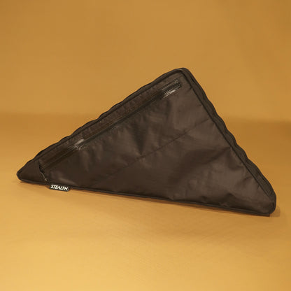 Black custom full frame bag with double zips and phone pocket, designed for Specialized Epic Hardtail Large, handmade in New Zealand for bikepacking.