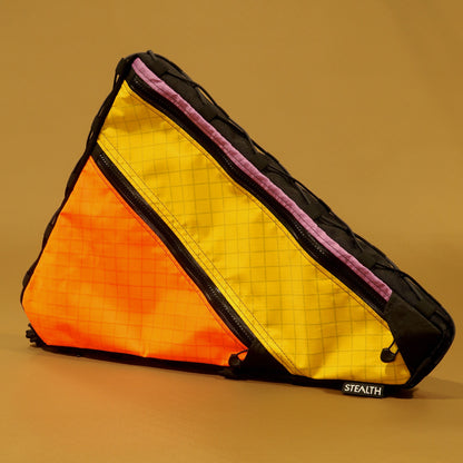Custom double zip frame bag for Kona Rove in orange yellow and lilac Ecopak fabric made by Stealth Wellington NZ
