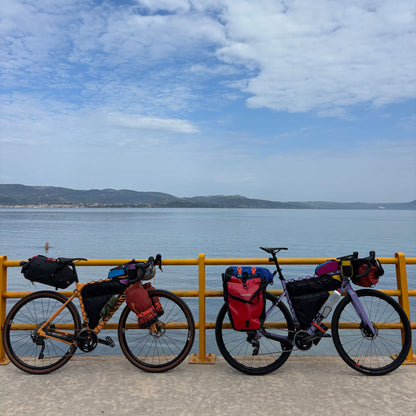 Two custom bikepacking frame bags fitted to a Canyon Grizl and Santa Cruz Stigmata on tour made by Stealth Wellington NZ
