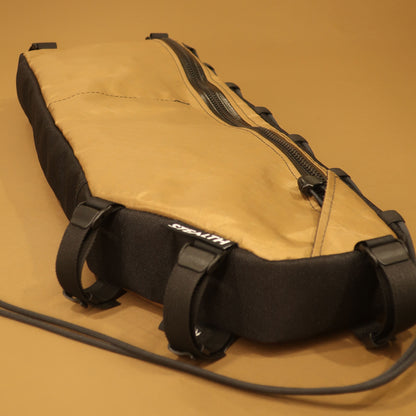 Custom coyote half frame bag with single zipper and camlock webbing straps for Kona Rove 58cm bike frame.
