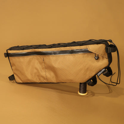 Custom coyote half frame bag with single zip, lace-up and camlock attachments for Kona Rove 58cm bike frame.