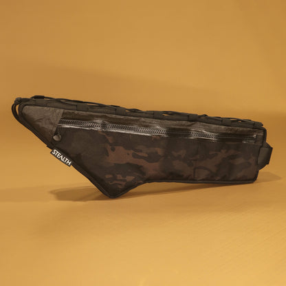 Custom half frame bag in black multicam for Sufur frame with lace-up attachment made by Stealth Wellington NZ