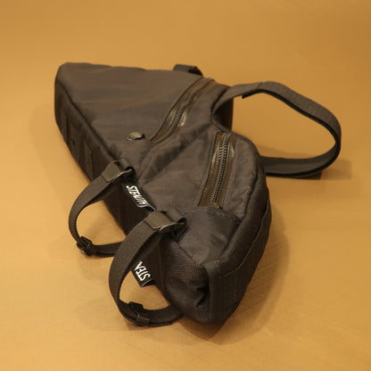 Black custom full suspension frame bag with double zippers and camlock straps for a Specialized Chisel XL
