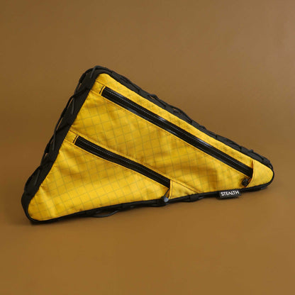 Custom double zip frame bag in yellow Ecopak with lace-up attachment for bikepacking made by Stealth Wellington NZ