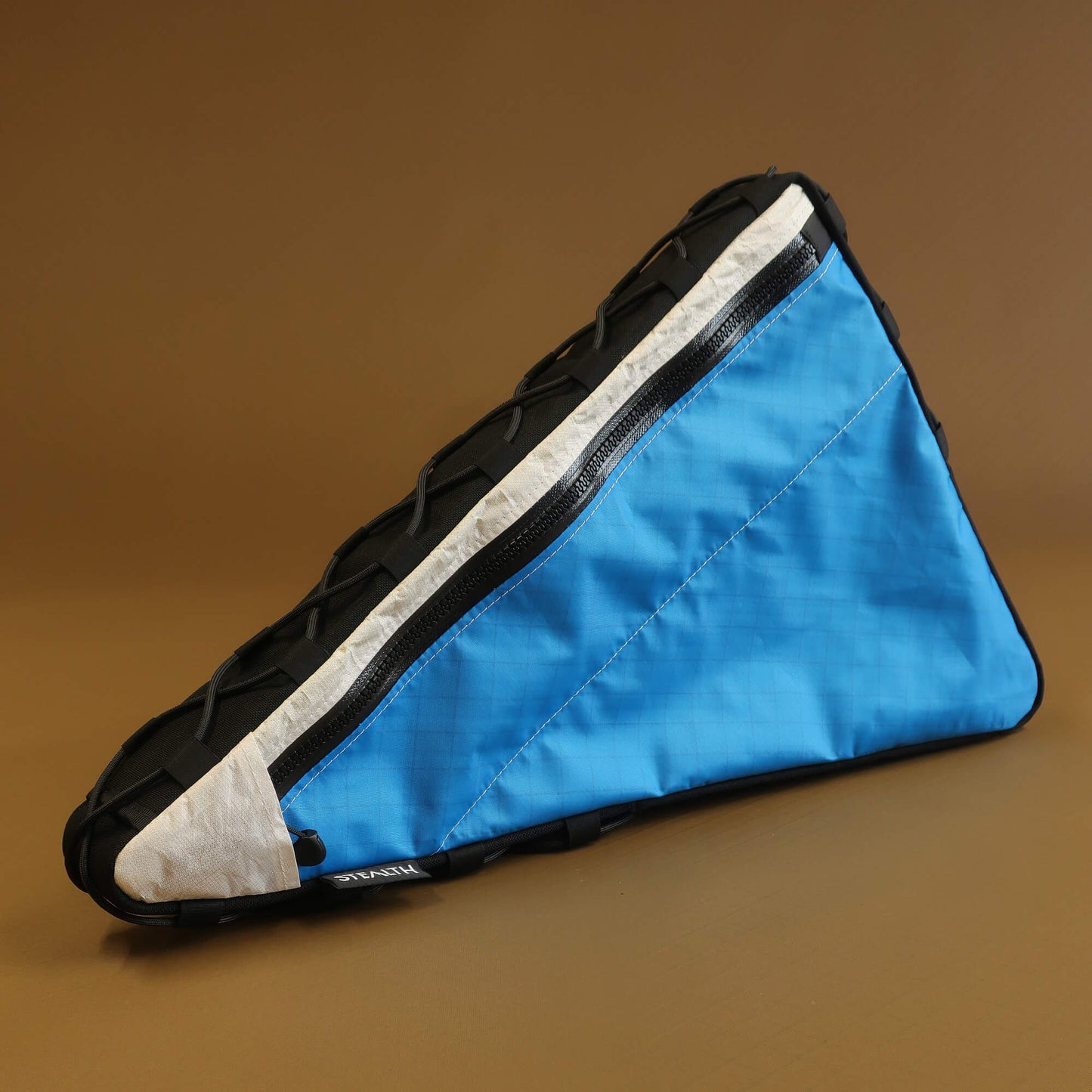 Double zip frame bag with bolt on and lace up attachments to frame