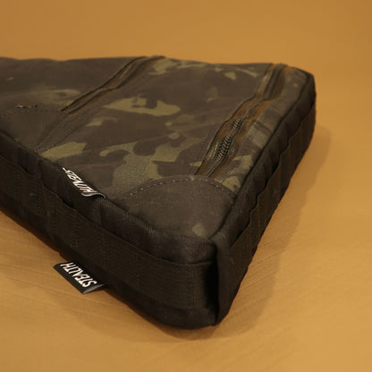 Custom Multicam black full frame bag showing H2O port, designed for Canyon Grail CFR, handmade in New Zealand for bikepacking.