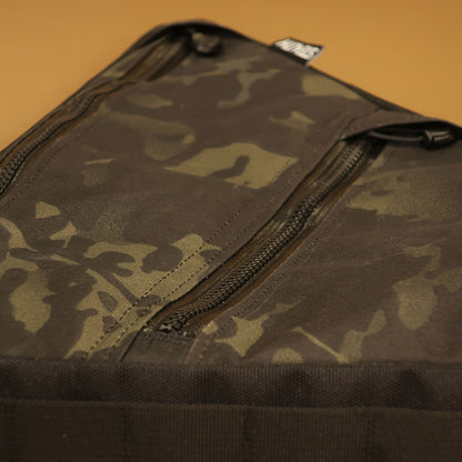Custom medium Multicam double zip frame bag for Canyon Grail CFR, featuring two parallel zippers and durable webbing attachment, handmade in New Zealand.