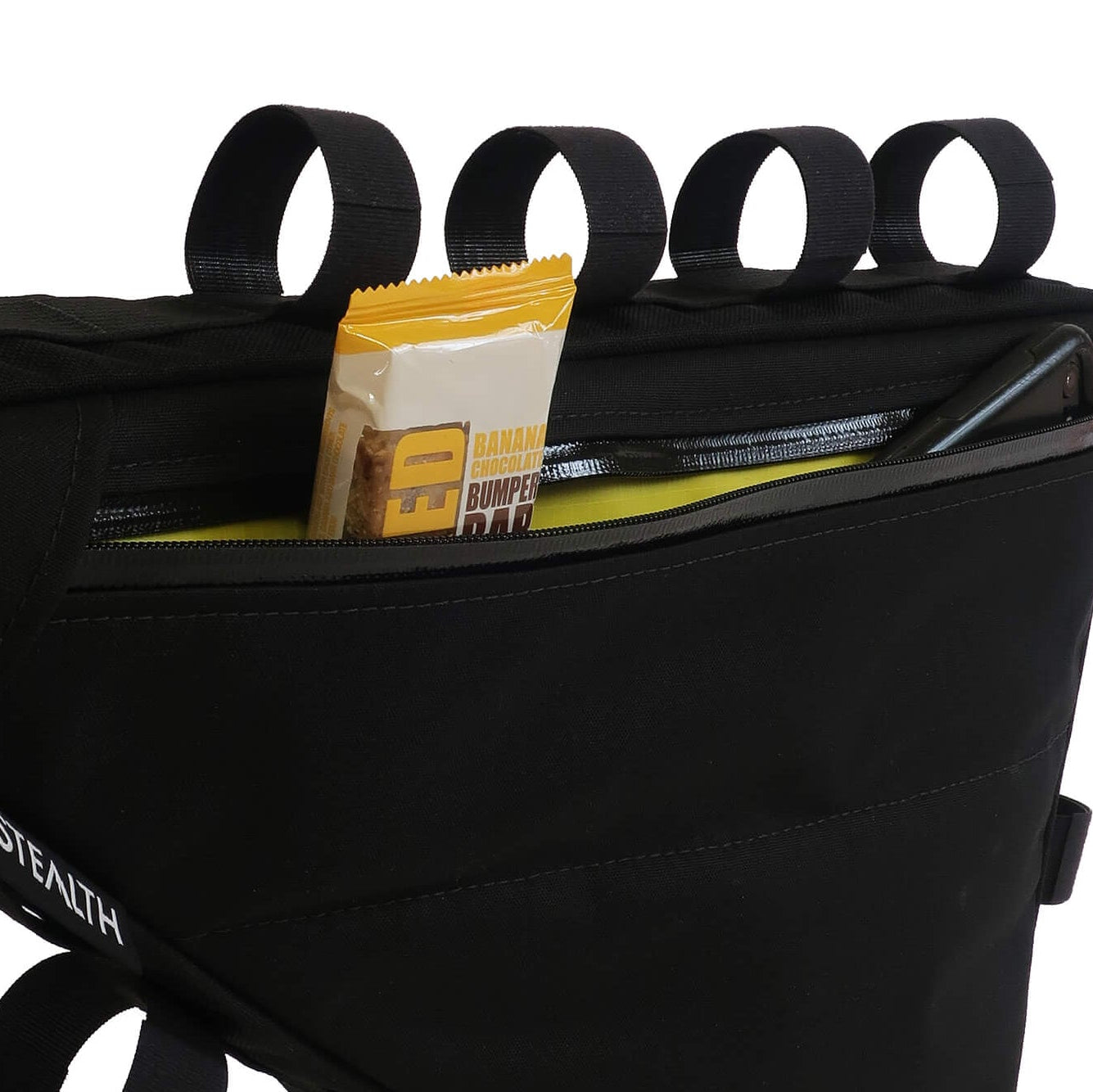 Frame bag map pocket showing phone and bumper bar
