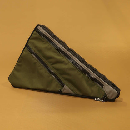 Double zip frame bag in olive and grey 500D Cordura with daisy chain and velcro attachment made by Stealth Wellington NZ