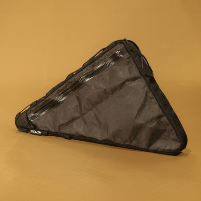 Custom double zip frame bag in black Ultra200X showing exterior map pocket made by Stealth Wellington NZ