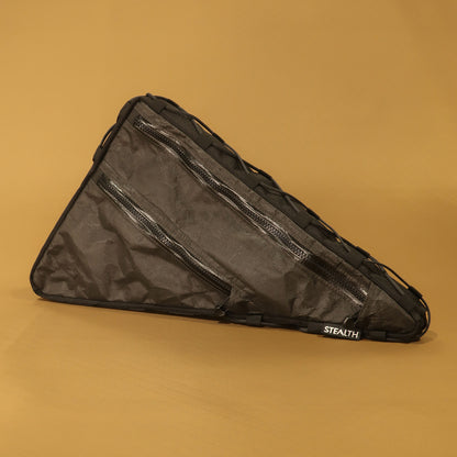 Custom double zip frame bag in black Ultra200X fabric with lace-up and bolt-on attachment made by Stealth Wellington NZ