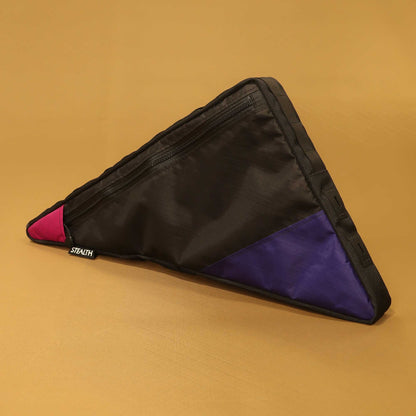 Custom full frame bag in black and purple showing slim tablet and phone pocket made by Stealth Wellington NZ