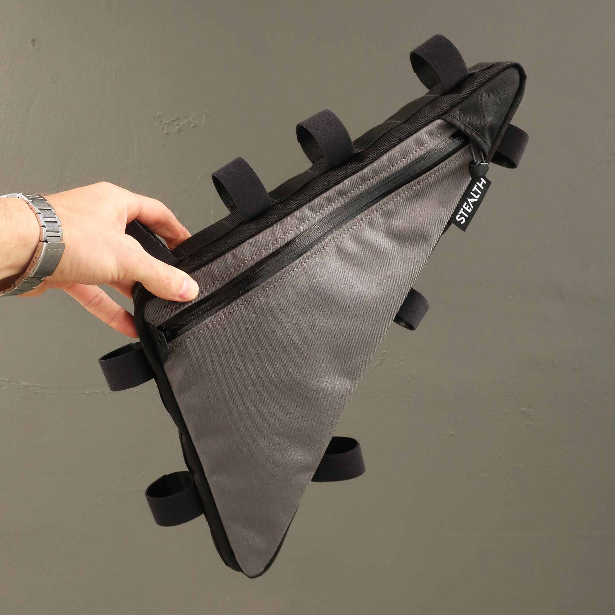 Grey cordura frame bag for mountain bike