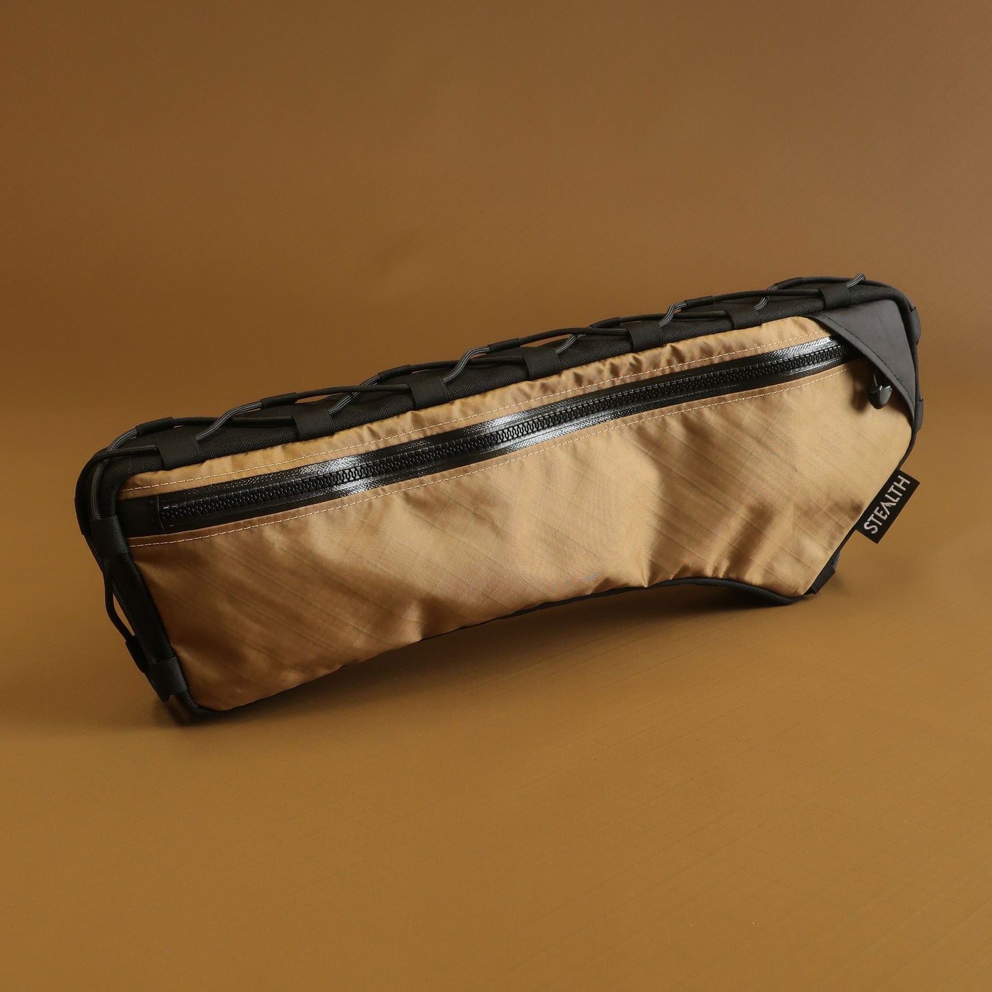 Custom half frame bag in coyote EPX200 fabric side view showing full profile made by Stealth Adventure Equipment Wellington NZ