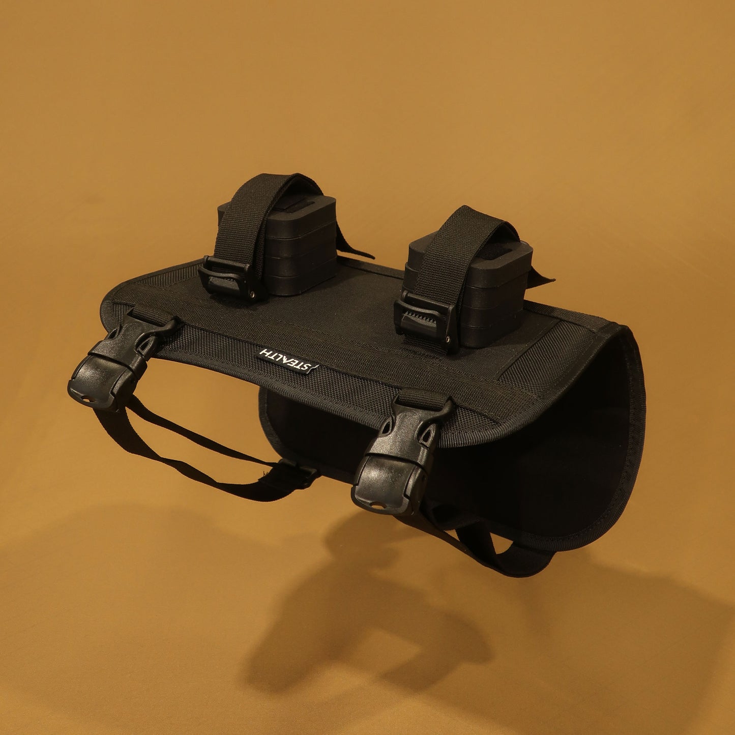 Heaphy bikepacking handlebar harness front view showing buckles and roll attachment made by Stealth Wellington NZ