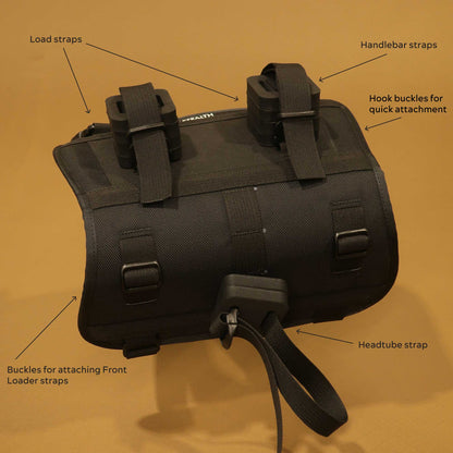 Heaphy harness infographic showing load straps, hook buckles and headtube strap made by Stealth Wellington NZ