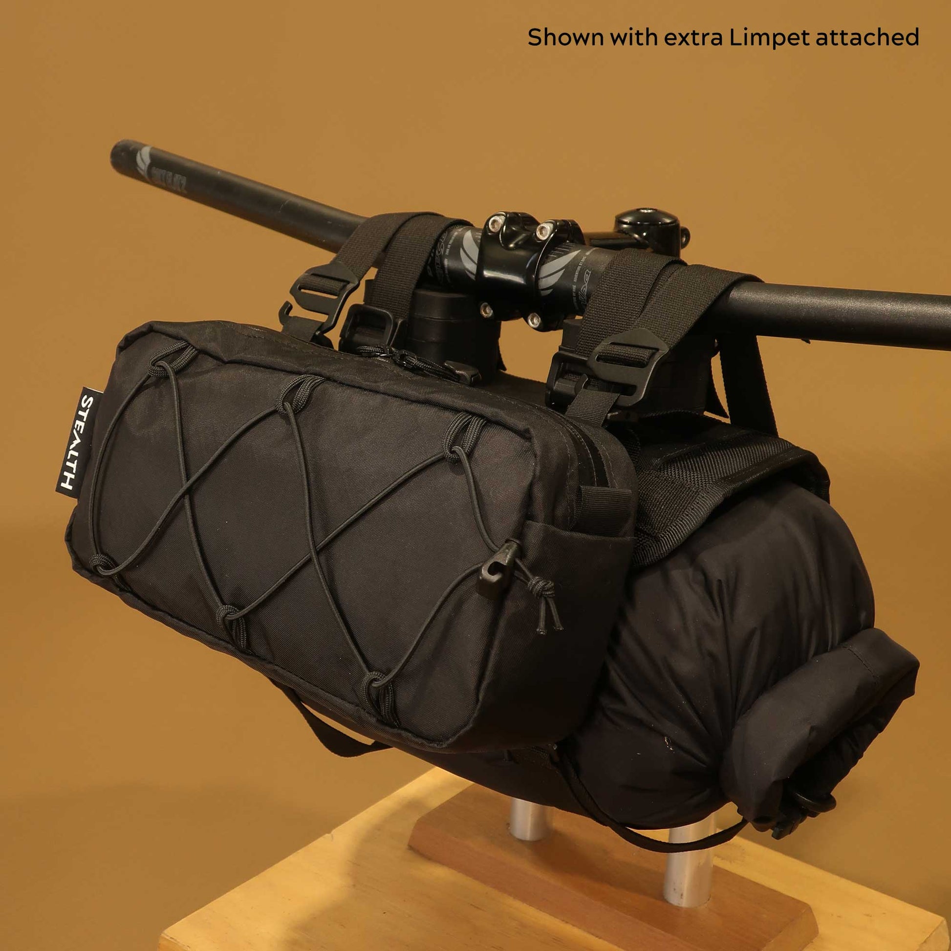 Heaphy handlebar harness with Limpet pocket attached showing bungee cord front made by Stealth Wellington NZ