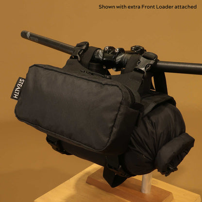 Heaphy handlebar harness with Front Loader attached front view on bike bars made by Stealth Wellington NZ