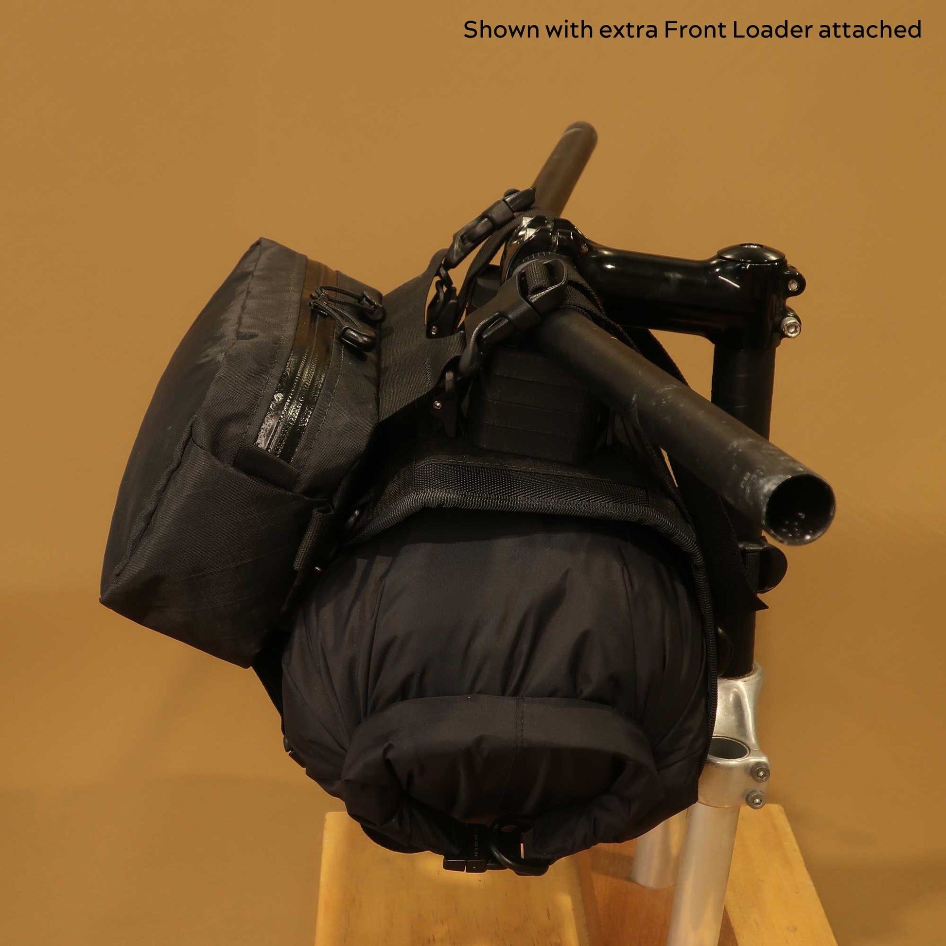 Modular bikepacking handlebar system with Heaphy Harness and Front Loader side view made by Stealth Wellington NZ