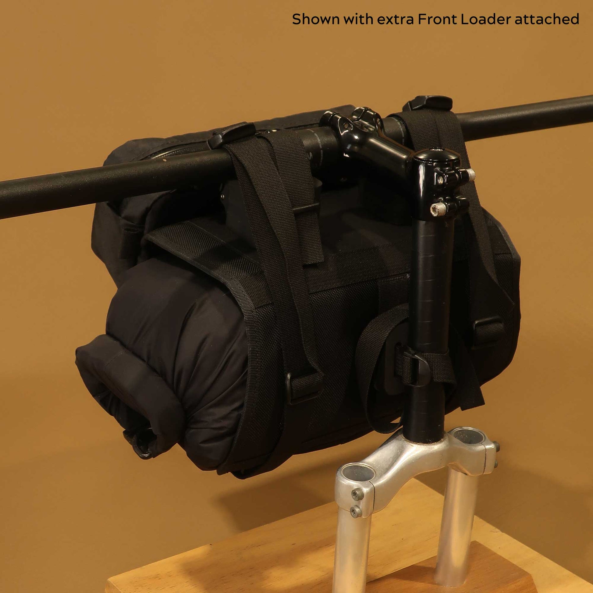 Heaphy bikepacking harness with Front Loader showing rear strap system on bike bars made by Stealth Wellington NZ