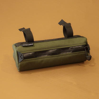 Olive Kebag standalone handlebar bag with a front zippered pocket and two attachment straps.