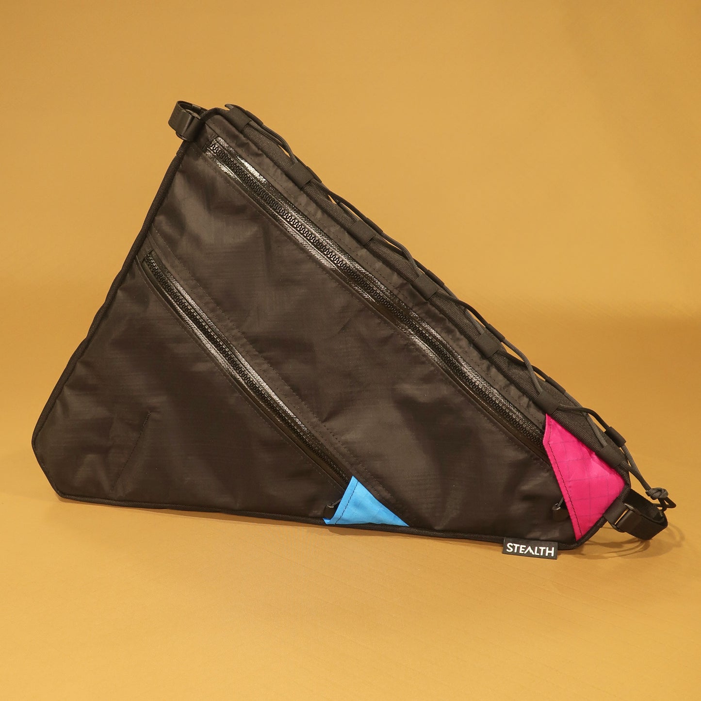 Handmade black custom frame bag with double zip, lace-up attachment made for a Kona Rove DL 56cm gravel bike.