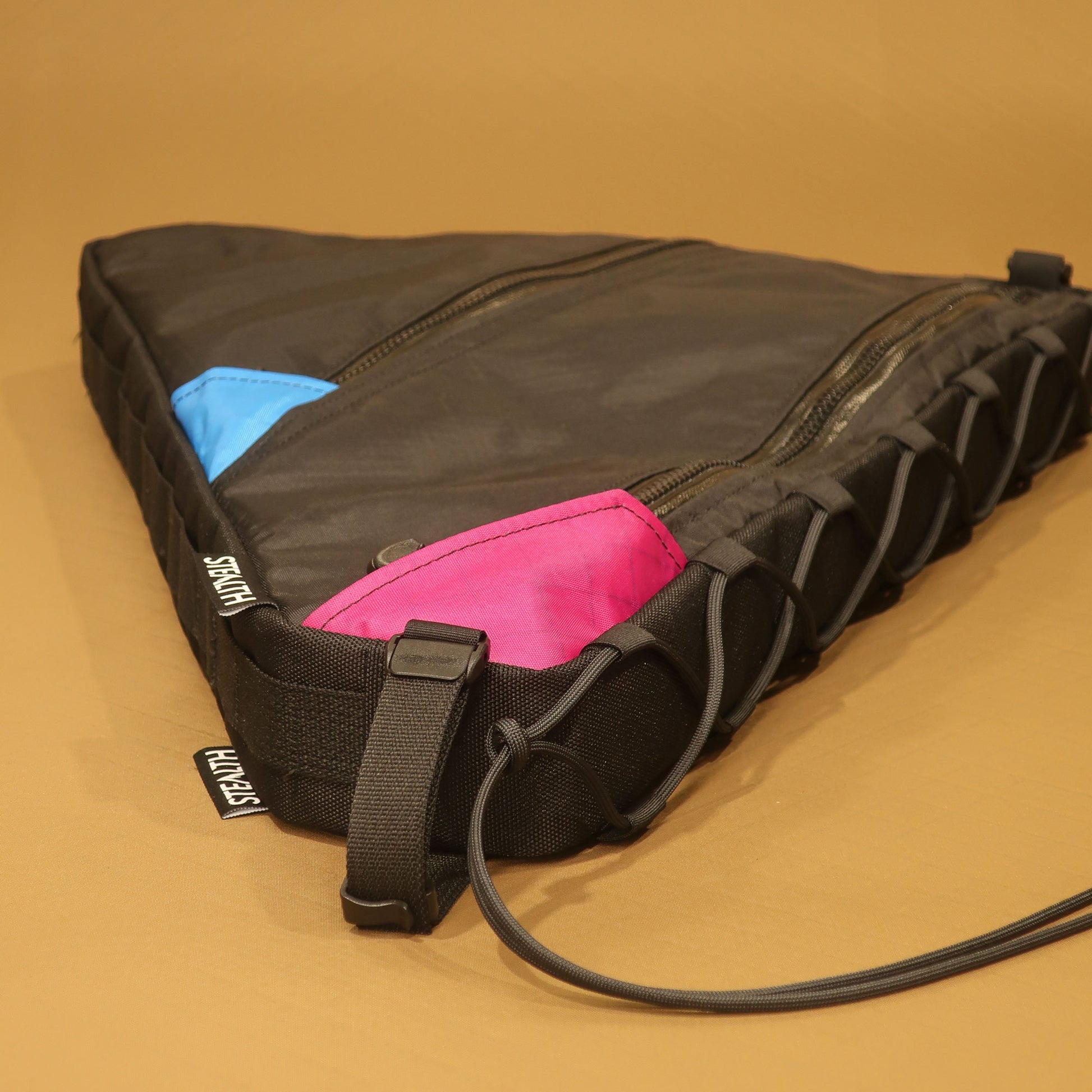Handmade custom full frame bag with double zippers and lace-up attachment, designed for Kona Rove DL 56cm for long distance cycle touring.