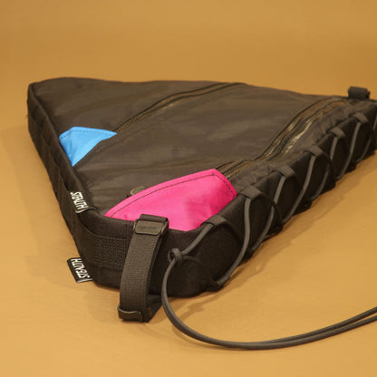 Handmade custom full frame bag with double zippers and lace-up attachment, designed for Kona Rove DL 56cm for long distance cycle touring.