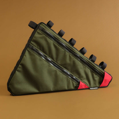 Custom full frame bag in olive Cordura with red accents velcro and bolt-on attachment made by Stealth Wellington NZ